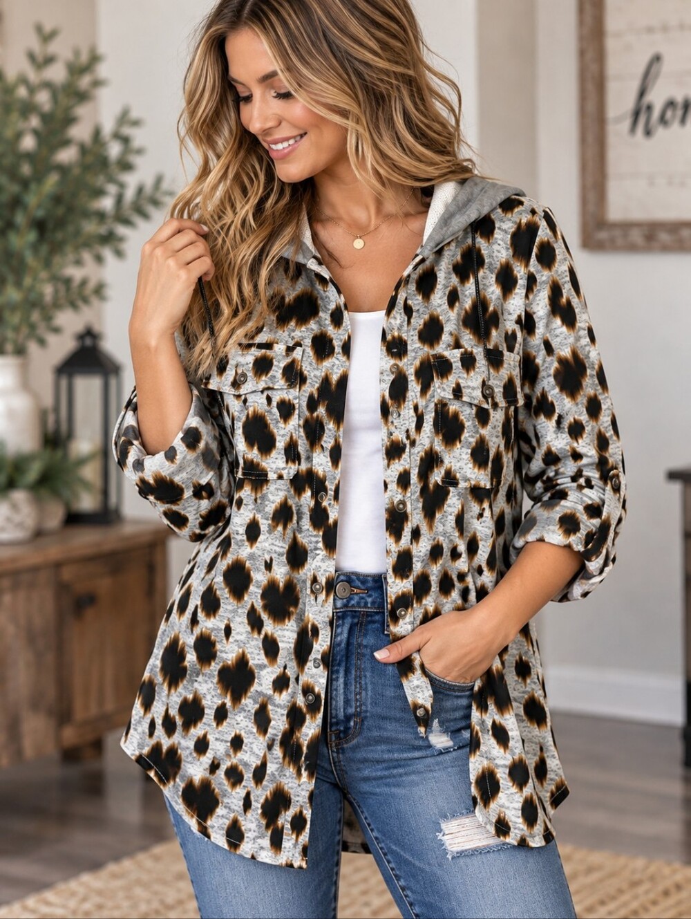 Leopard-Print Hooded Utility 3/4 Length Sleeve Shacket - Black, Gray & Brown
